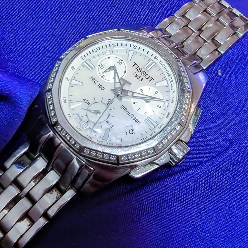 Tissot PRC 100 Diamond Bezel Swiss MOP Dial Vintage Womens Watch